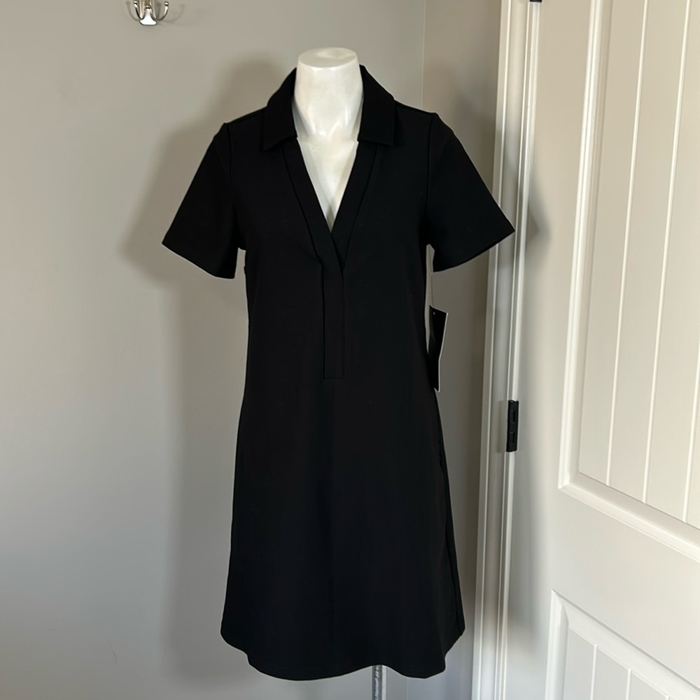TUCKERNUCK Noir Ponte Wright Polo Dress Mini Black Vneck Sz M NEW - Picture 5 of 13